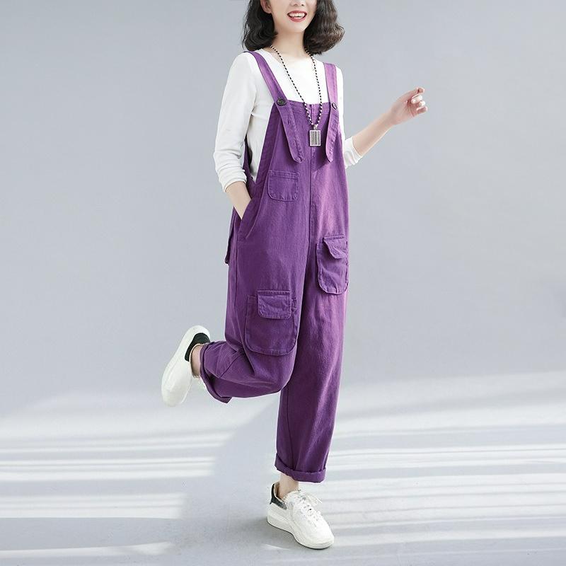 Autumn Literature and Art Large Size Loose and Thin Dark Denim Overalls Women's Harem Pants