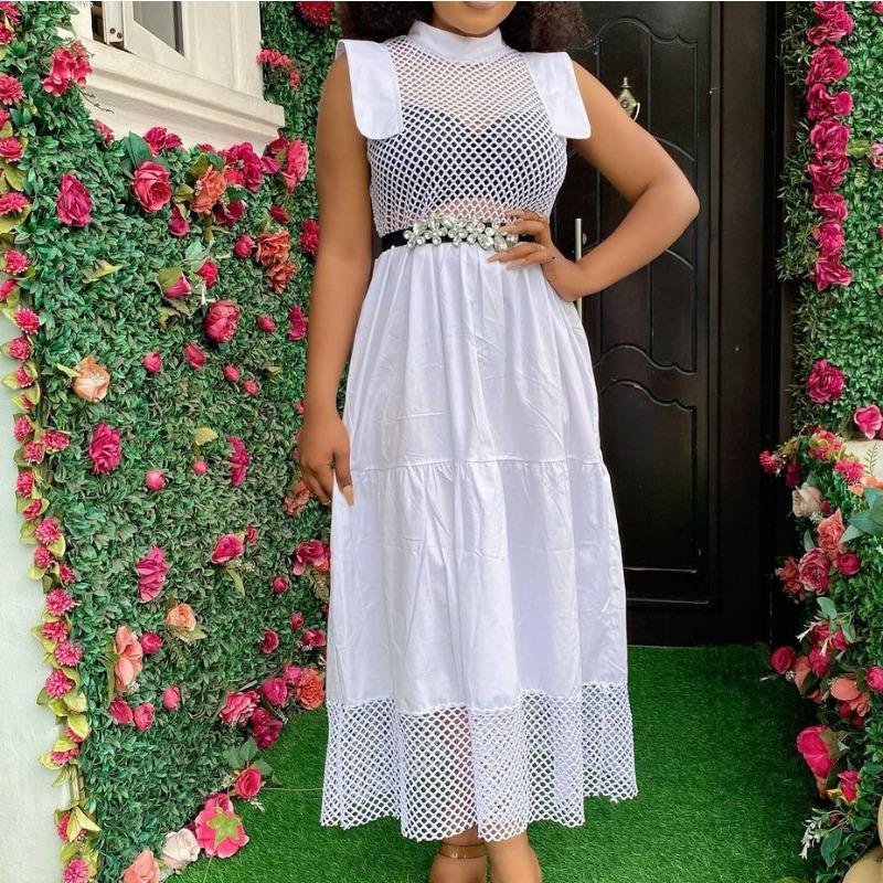 

Summer temperament commuting sexy hollow cotton high waist mesh splicing solid color large size dress S