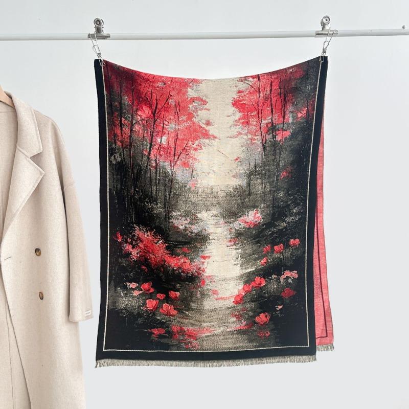 

New oil painting forest creek air conditioner shawl women s literary and retro national tide women s versatile scarf 185x65cm красный