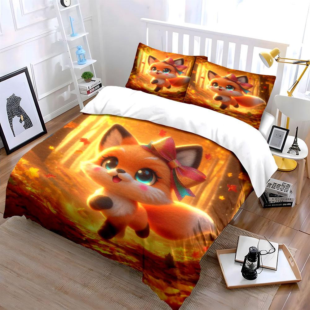 Playful Fox In Autumn Forest Duvet Cover Set With 3D Printing Design Soft Polyester Bedding Set All-Season Comfort For Gifts