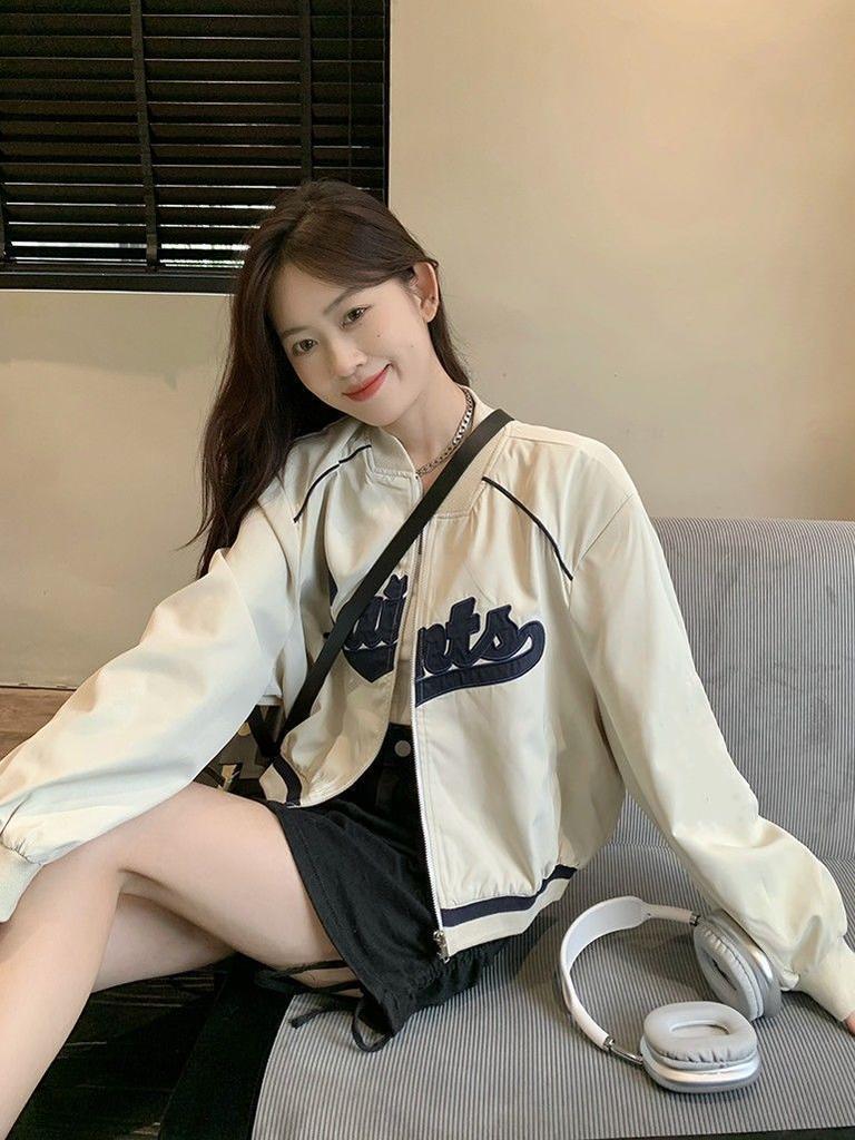 Chaquetas de béisbol Y2K para mujer, abrigo bombardero holgado de gran tamaño con estampado de letras, chaqueta cortavientos coreana para mujer