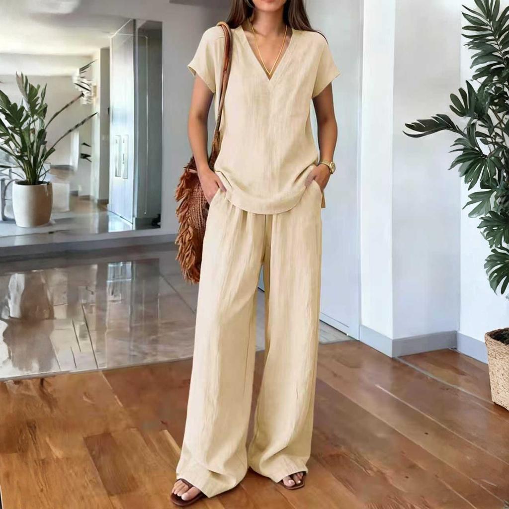 Fashionable And Sexy Women's Spring And Summer Retro Elastic Waist Strap Linen Suit Women's Fashion Color Casual Two-piece Set