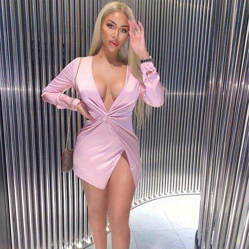 Elegante V-ausschnitt Satin Sexy Kleid Frauen Sommer Mode Langarm Party Kleid Frau Seide Split Abend Kurze Kleider Roben 28465