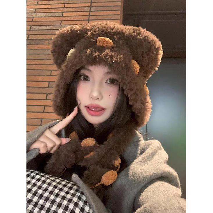 Thick plush pullover hat for women, autumn and winter, sweet and cute bear ears, large head circumference, warm ear protection, aviator hat Suitable for both large a