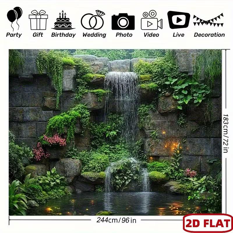 Stone Waterfall Forest Tapestry, Moss & Greenery Background Cloth, Calming Nature Wall Decor