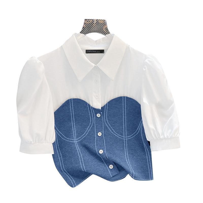 

ZANZEA Women Turn Down Collar Casual Patchwork Short Sleeve Cropped Blouse 5XL синий