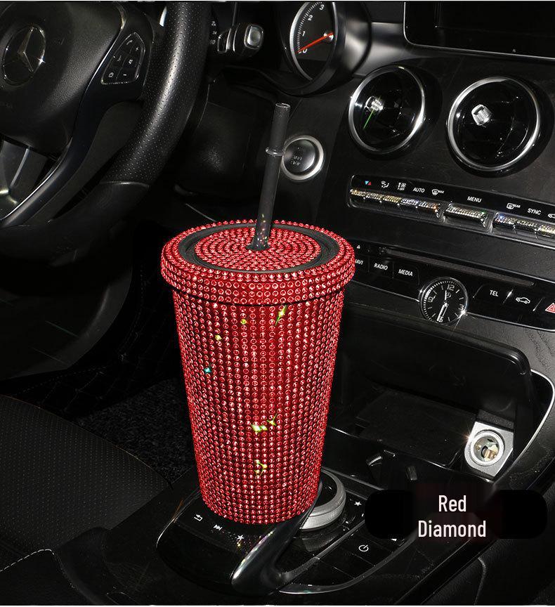 Cană nouă de băut la modă cu strasuri strălucitoare, cu capac și pai, 550ml