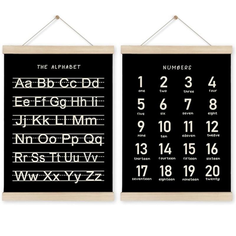 2Pieces Toddler Learning Alphabets and Number Posters with Wood Hanger Frame for Classroom and Playroom Nursery Decors