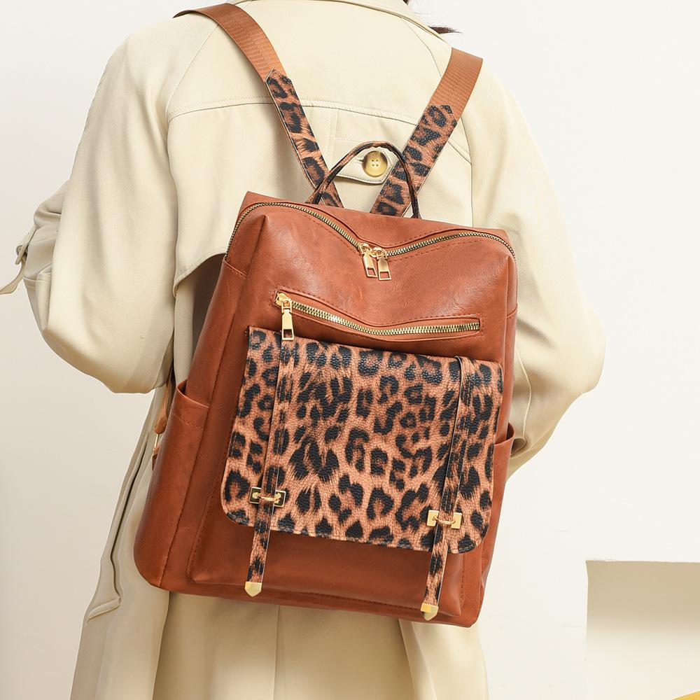 Vintage Rucksack mit Leopardenmuster Damen Schultertasche Studentenrucksack