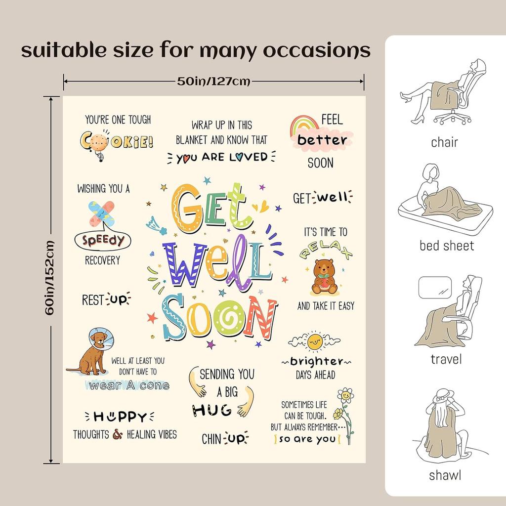 Get Well Soon Flannel Throw Blanket Inspirational Healing Quotes Cute Cartoon Gift Blanket For Sick Friends Family