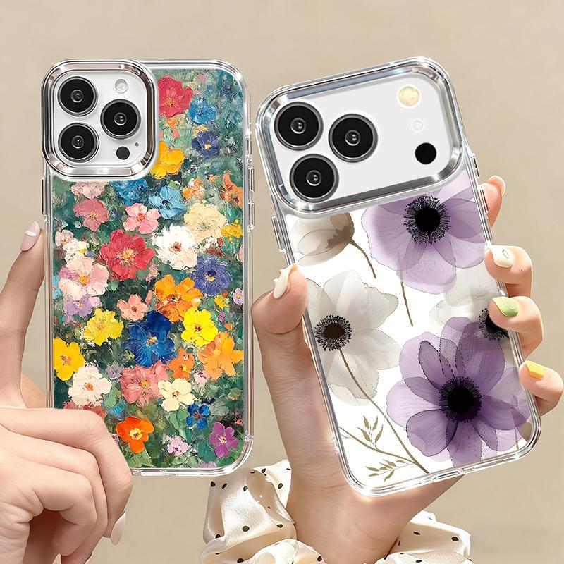 INS Watercolor Floral Case For iPhone 17 Pro Max iPhone 16 15 14 13 Pro Max 11 17e 16e Plating Lens Frame Clear Soft Silicone Back Cover