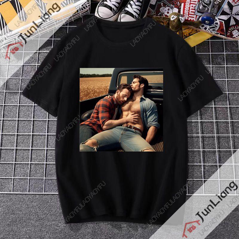 Henry Cavill and Chris Evans Shortsleeved Crewneck Tshirts Trendy Original Streetwear for Men from Harajuku