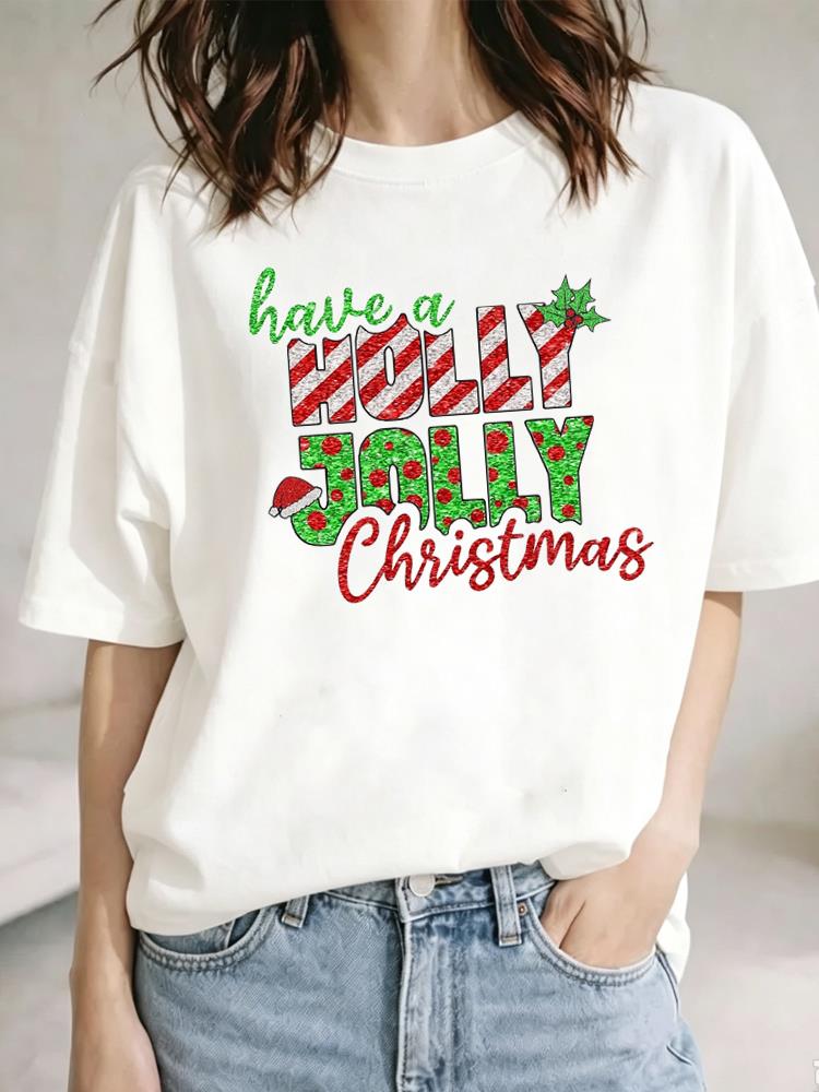 (Asian Size) lovely letter Christmas Festival Tee Top New Year Clothing T Shirt Women Fashion Print Female Woman Short Sleeve Graphic T-shirts