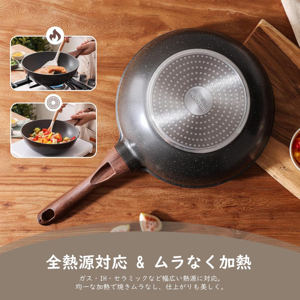 SENSARTE 26cm Wok, Chinese Wok, IH/Gas Stove Compatible, Marble Coating, Non-stick, PFOA-Free, with Lid, Deep Frying Pan, One-Year Warranty, Gray