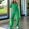 2 Pcs/Set Ladies Suit Shirt Pants Set Leopard Print Long Sleeves Wide Leg Loose Elastic Waist Single-breasted Soft Satin Lapel Drawstring Lady Blouse