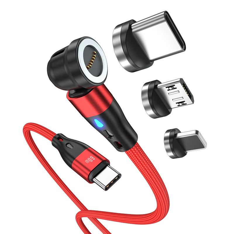 

ENKAY HAT PRINCE 2m PD 60W Magnetic Phone Charging Cable 3-in-1 Type-C to 8-Pin/Type-C/Micro USB Data Sync Cord with LED Light Red