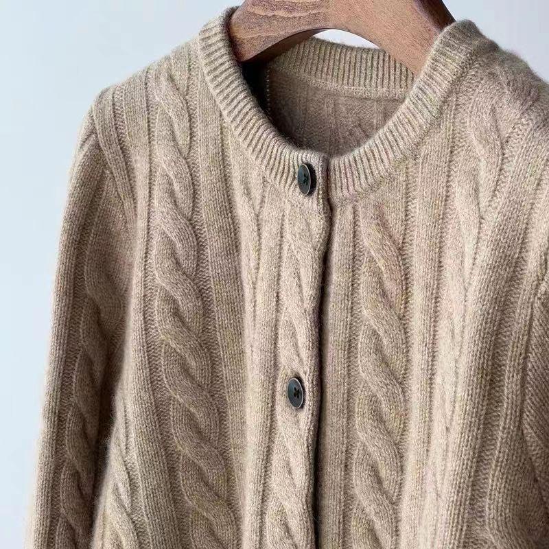 Women's Wool Cardigan - Round Neck, Thick, Cable Knit Sweater for Autumn and Winter