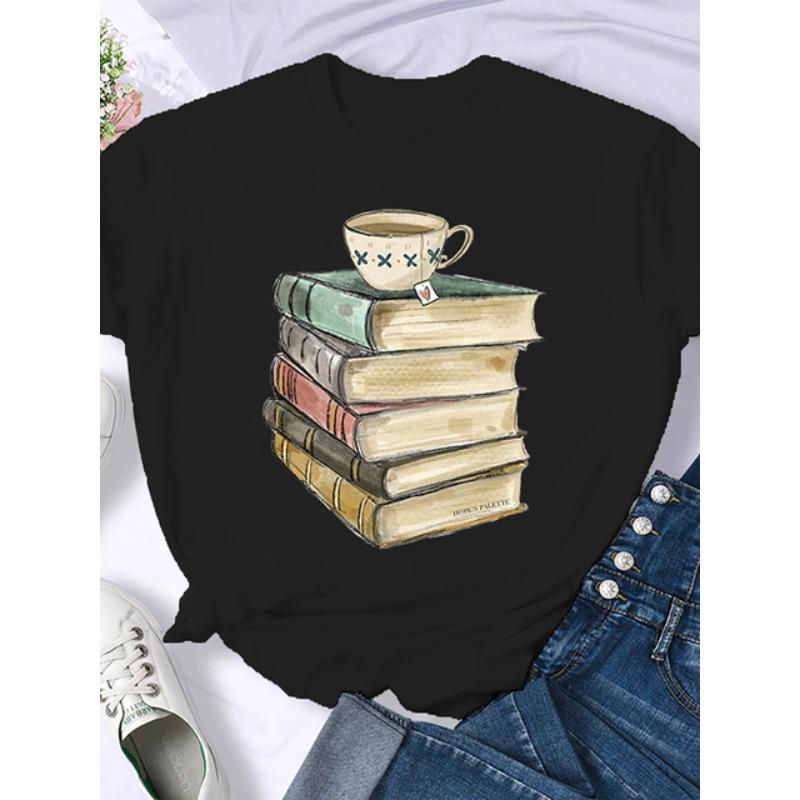 Coffee Books Brown books American retro T-shirt woman round neck half sleeve T-shirt printed T-shirt top woman oversized