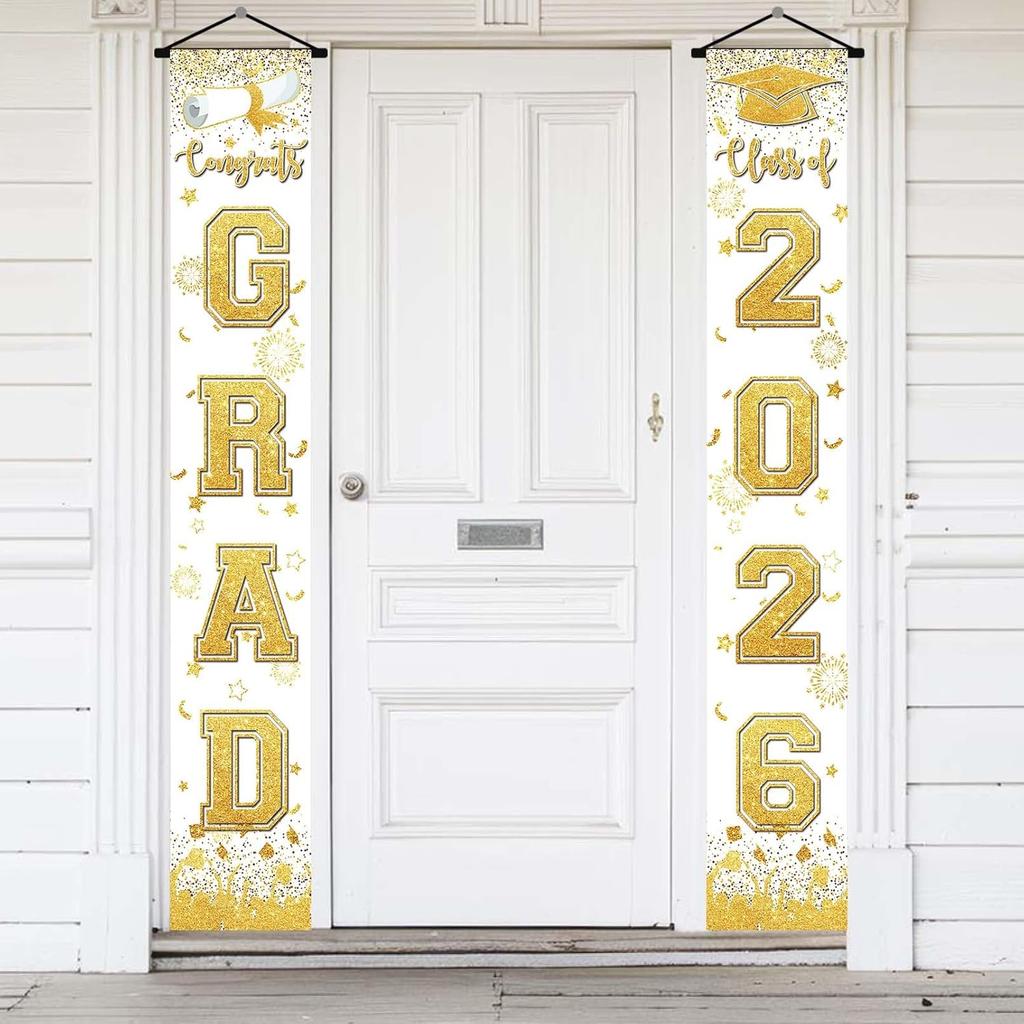 Green and Gold Graduation Decorations Class of 2026 Hanging Grad Banner - green Gold Congrats Grad Banner Porch Sign for Front Door, Graduate Door