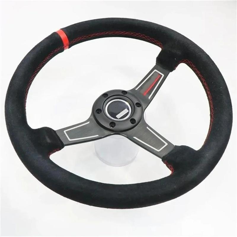 14 inch 350MM Suede Shallow Concave Steering Wheel with Red Stitching,Universal Racing Sports Steering Wheel