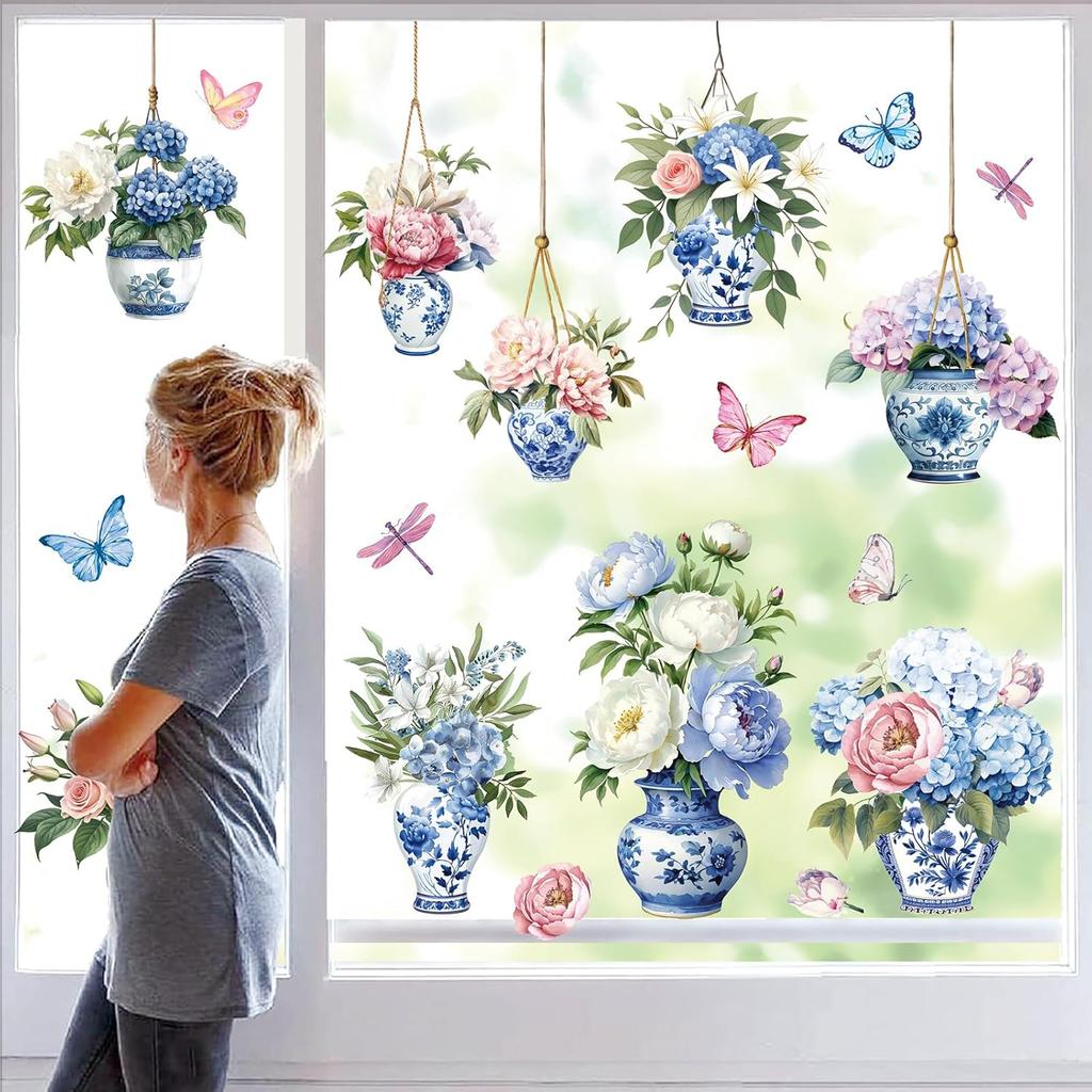 Whaline 6 Sheet Potted Plant Window Clings Hanging Vine Plant Eucalyptus Leaves Reble Window Decals for Home School Office Spring Summer Party