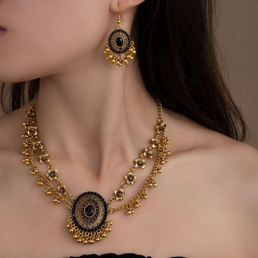Ethnic Style Necklace Earrings Set Rhinestone Inlaid Women Jewelry Set  Women