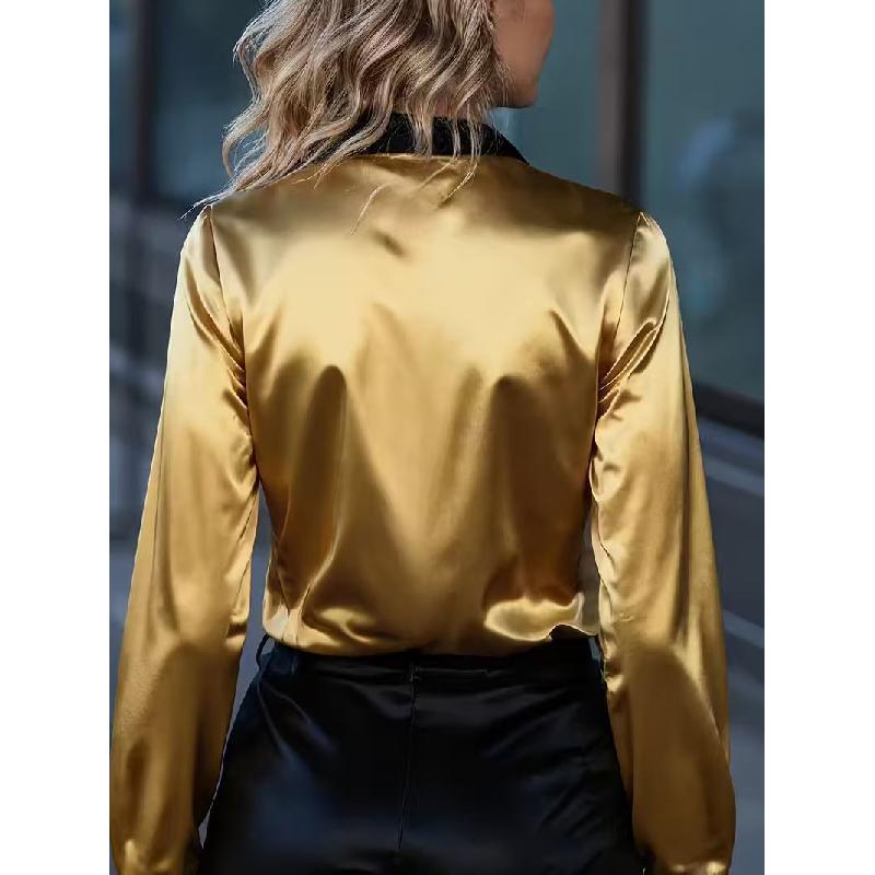 Women's Spring New Style Elegant Commuting Long-Sleeve Shirt Satin Color-Block Blouse