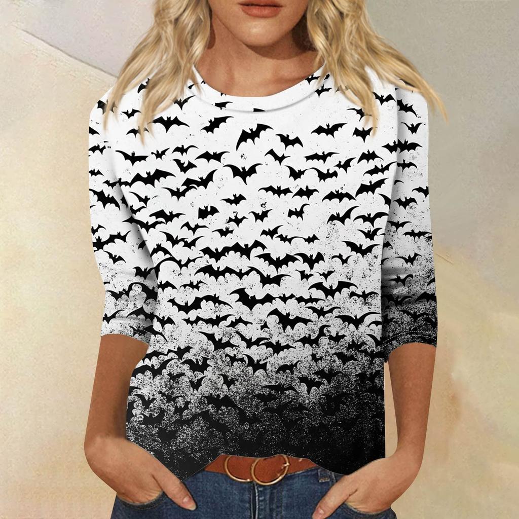 Women's Fashion Casual Round Neck 3/4 Sleeve Loose Printed T-Shirt Ladies Top