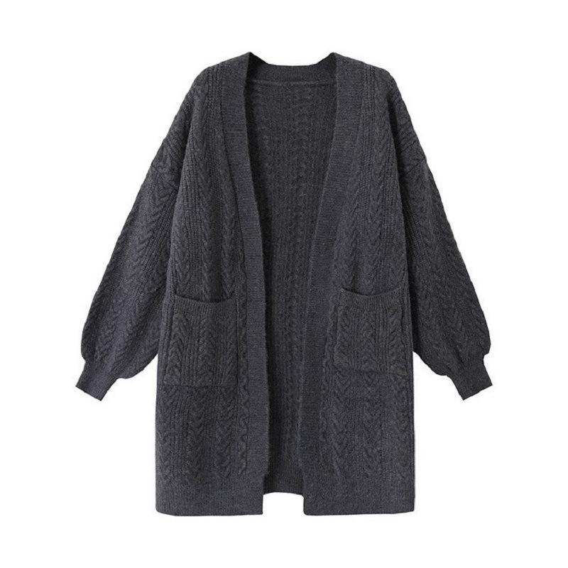 Retro Pocket Twist Large Size Knitted Cardigan Women's Commuting Simple Temperament Long Sweater Jacket Women's Autumn and Winter