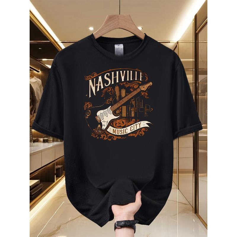 

Men s Nashville Music City T-Shirt - Electric Guitar Print Crew Neck Short Sleeve, Soft Breathable, Casual Summer Tee 4XL чорний