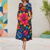 Women Plus Size Round Neck Long Sleeve Floral Printed A Line Midi Dress With Pockets