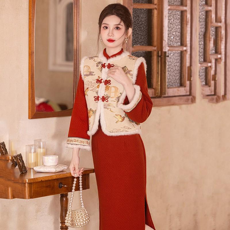 Womens Winter Warm Thick Wool Blend Long Sleeve Qipao Set With Vest Retro Chinese Style Daily Wear