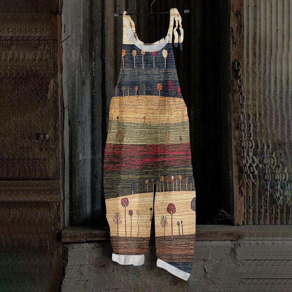 Women's One-piece Pants With Retro Prints, Casual Loose Retro Straps, And Cotton And Linen