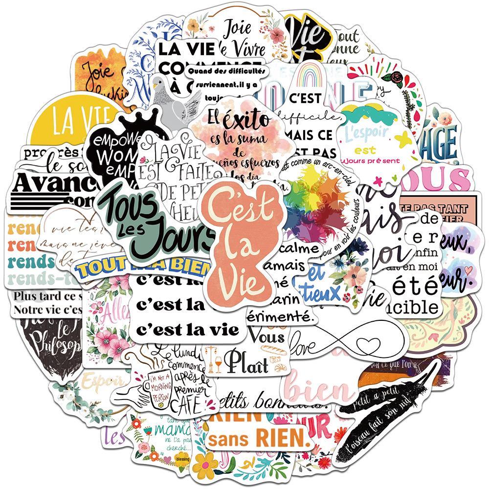 

50-Piece Set of French Motivational Quote Stickers for Journals, Water Bottles, and Phone Cases. No