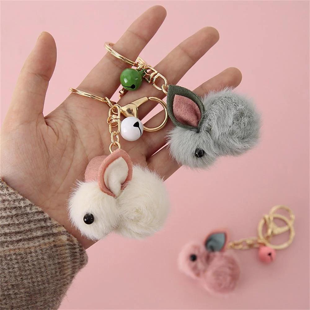 Cartoon Faux Fur Plush Rabbit Keychain Cute Wool Felt Strawberry Teddy Doll Shape Keyring Women Wallet Ornaments