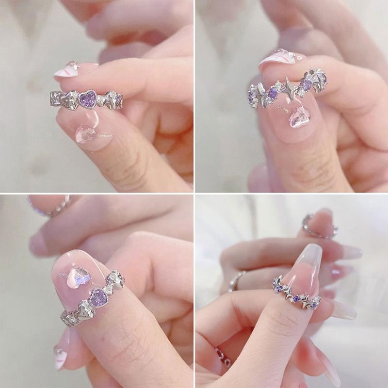 2 Pieces Adjustable Rings Purple Rhinestone Engagement Rings Y2K Rings Aesthetic Jewelry Alloy Material Gift for Women
