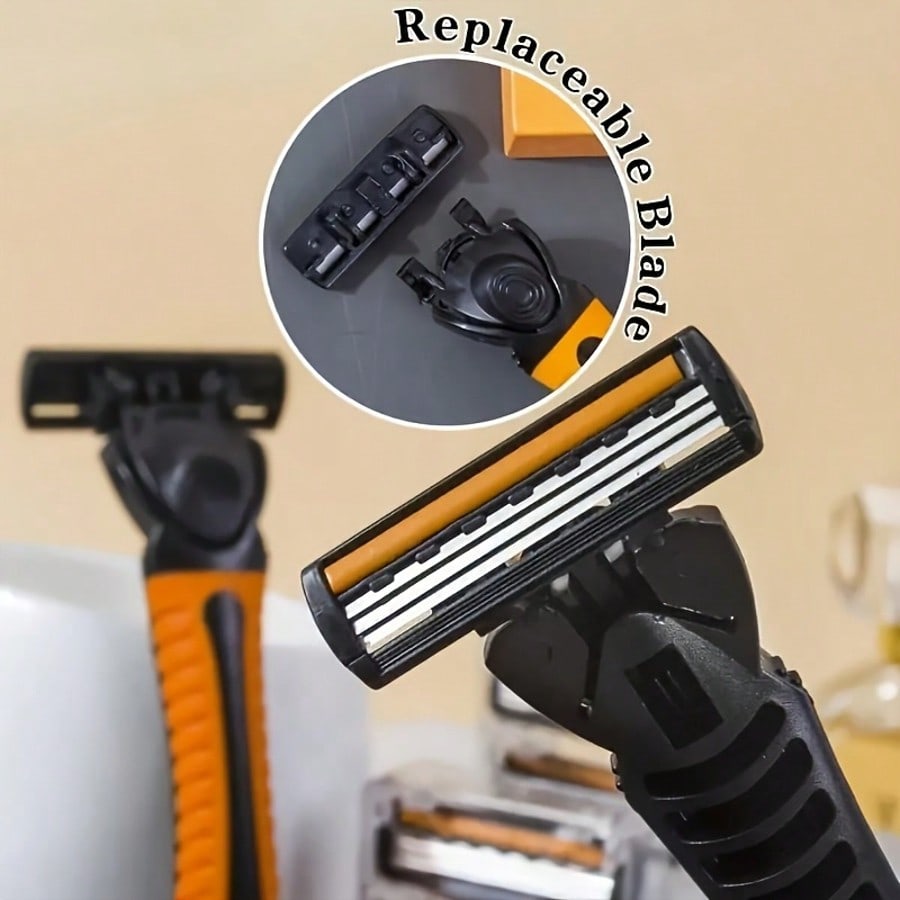 Men's Manual Safety Razor, Triple Layer Stainless Steel Blades, Replaceable Shaving Head