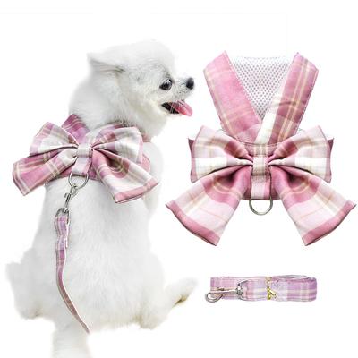 ABRRLO Dog and Cat Harness and Leash Checkered Puppy Small To Medium Adjustable Size Set, Bowknot, Pattern, Harness, Dog, Escape-Proof Harness,