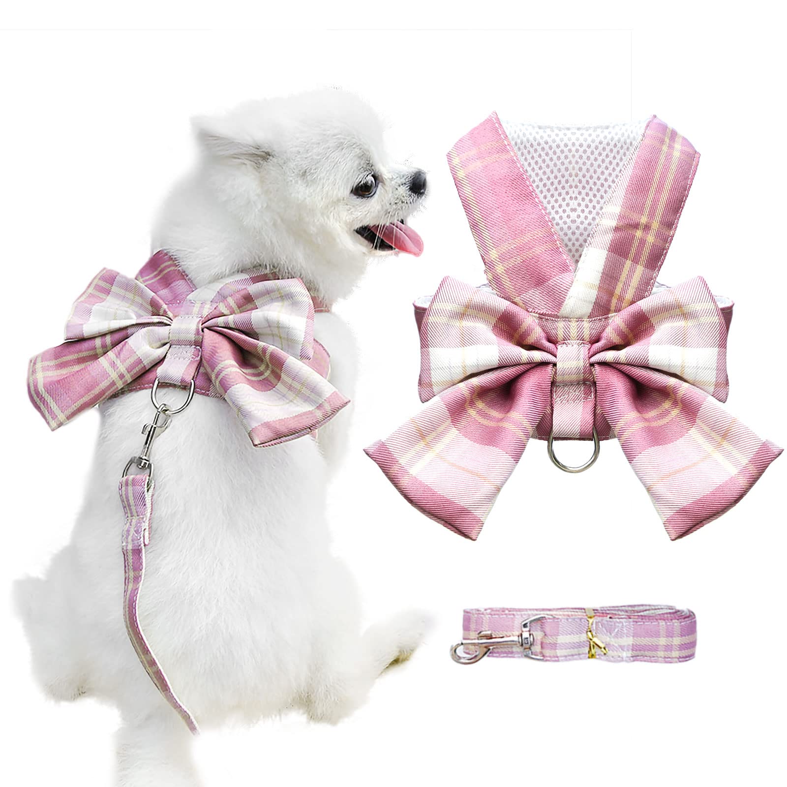 

ABRRLO Dog and Cat Harness and Leash Checkered Puppy Small to Medium Adjustable Size Set, Bowknot, Pattern, Harness, Dog, Escape-Proof Harness, розовый