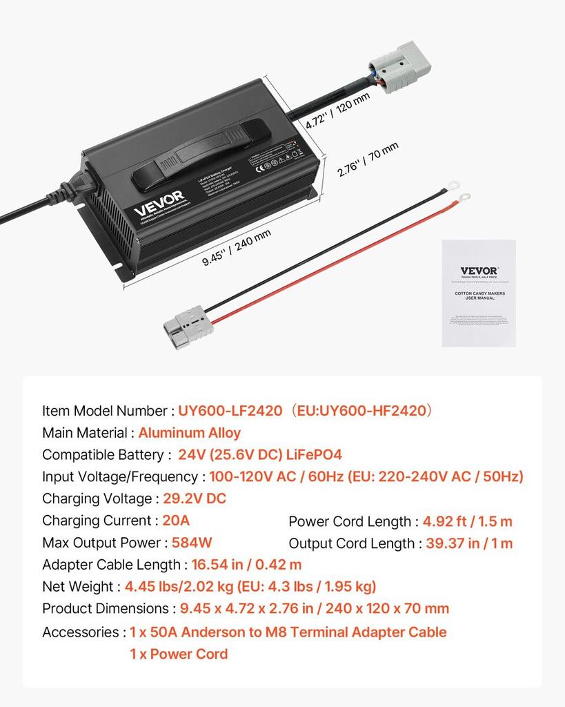 24V 20A Lithium Battery Charger 29.2V AC-DC LiFePO4 Smart Charger for RV