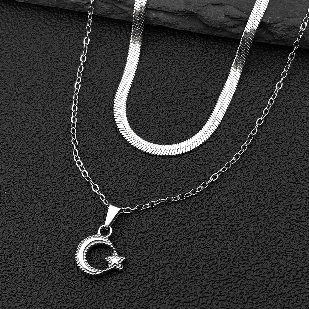 Double-layered Muslim Islam Moon Star Stainless Steel Chain Necklaces for Women Men Gold Color Pendant Necklace Jewelry Gift