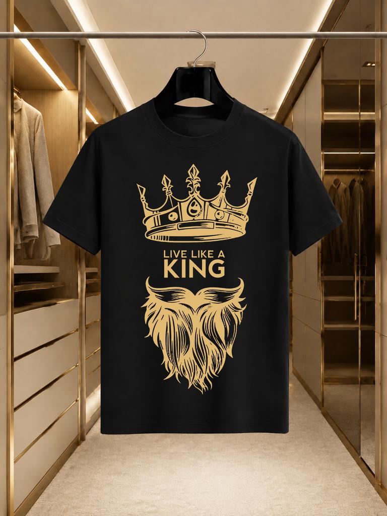 2026 New Arrival 100 Cotton Tshirt Gold Crown Beard Live Like A King Letter Print Vintage Luxury Crew Neck Unisex Casual Short Sl