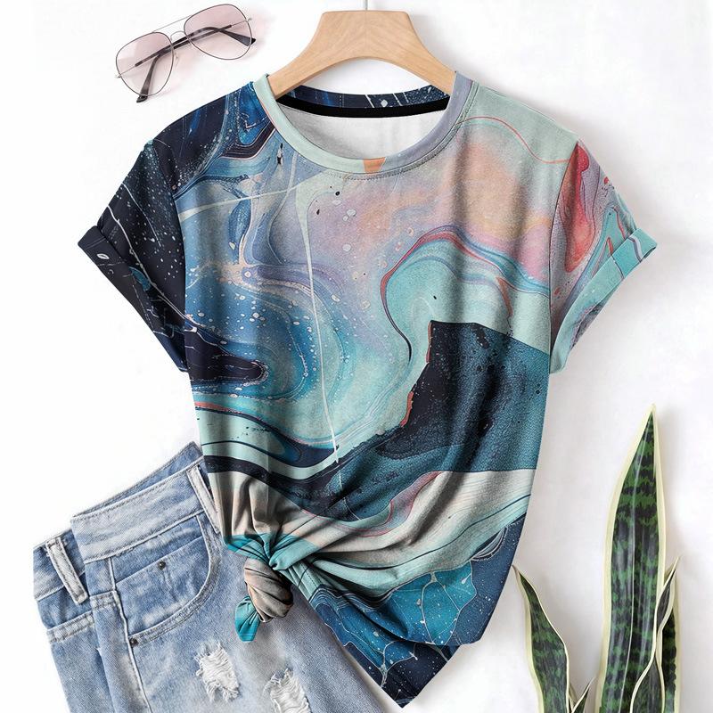 Dam T-shirt Casual Sommar Rund Hals Kortärmad 3D-tryckt Elementmönster Gradient Skjorta