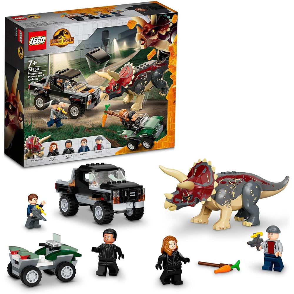 LEGO Jurassic World Triceratops Truck Ambush Building Set Toy for Kids Age 7 and Up