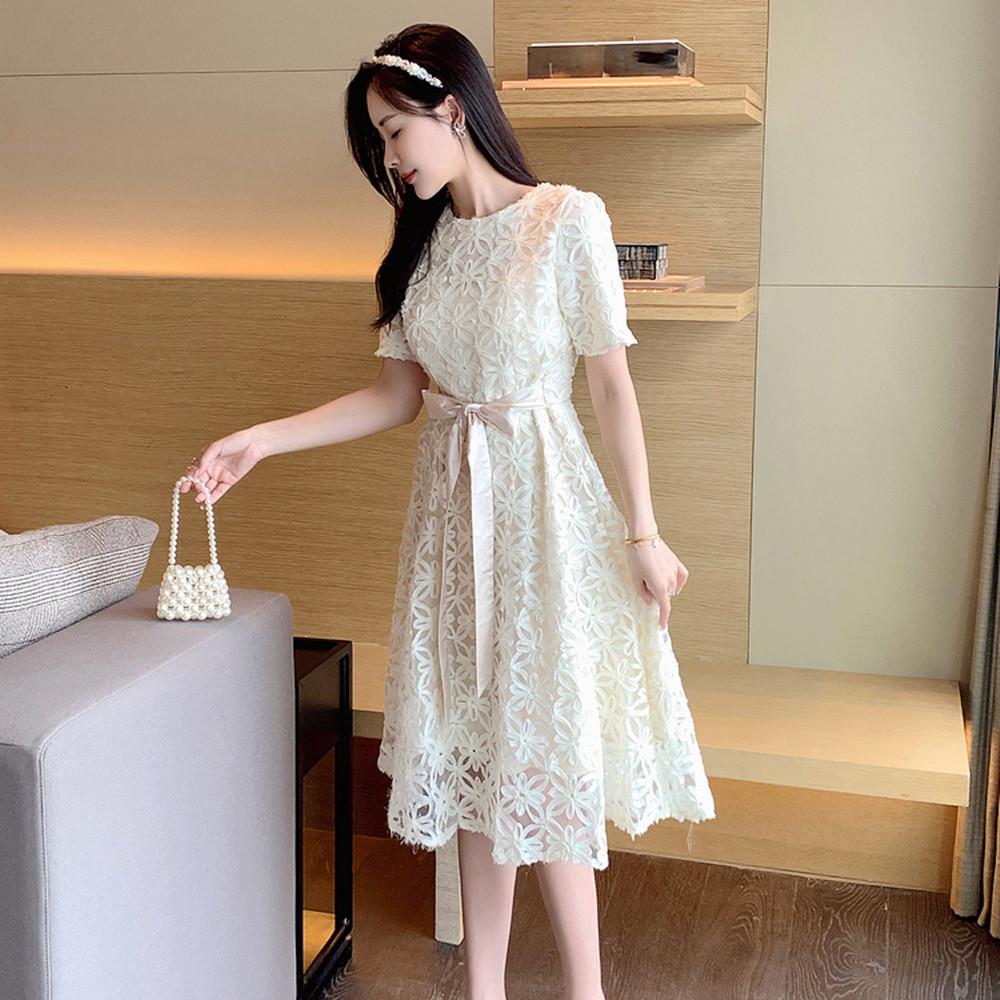 Elegant Mesh Embroidery Flower Summer Dress for Women 2024 New Casual Round Neck Lace-up Slim Short Dress Women Clothing