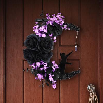 Halloween Moon Wreath with Black Cat Halloween Moon Cat Wreaths Halloween Door Wreath for Home Party Window Wall Indoor Outdoor