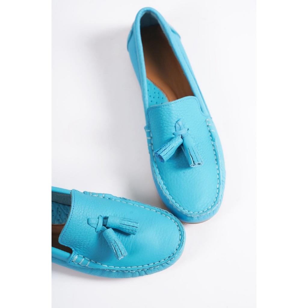 201-bj Genuine Leather Tasseled Oval Toe Women's Beige Ballerinas