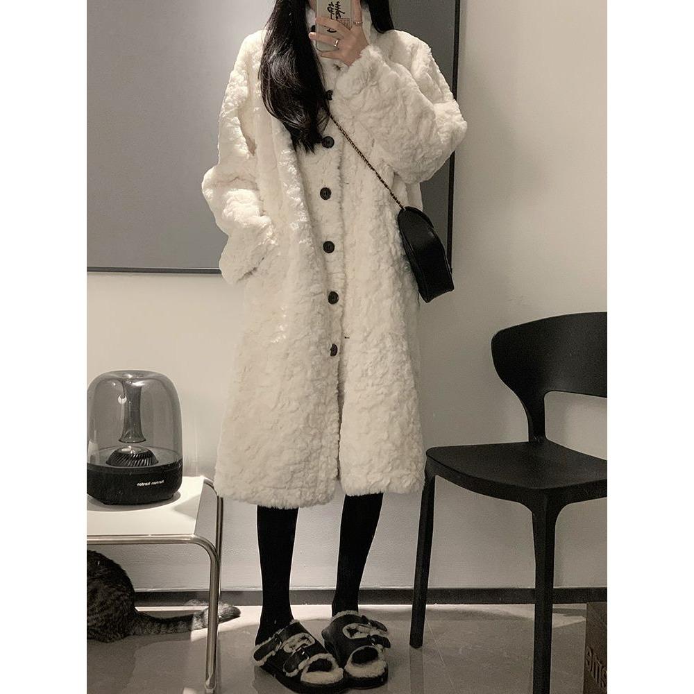Kabát z jehněčí vlny dámský dlouhý kabát nad koleno kožešinový zateplený volný stojáček vatovaný teplý ležérní bunda