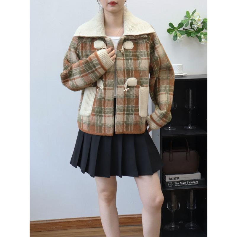 Removable Double-layer Neck Plaid Sweater Jacket Women's Autumn and Winter New High-end Knitted Double-sided Woolen Cardigan