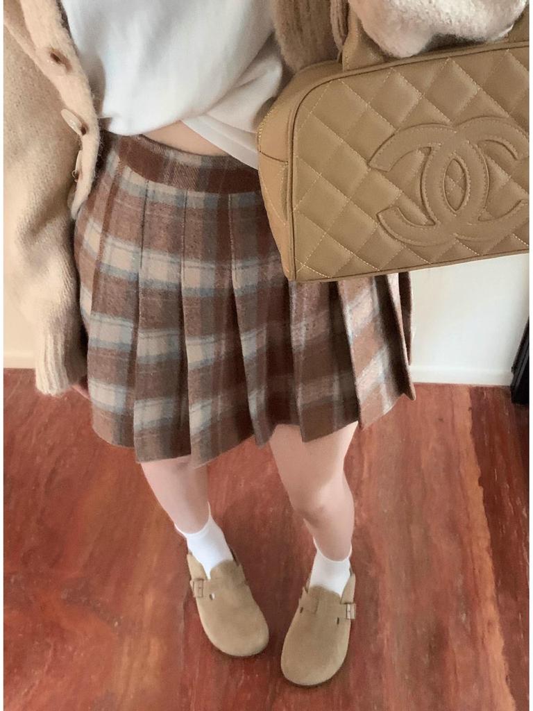 Czerwona plisowana spódnica midi A-line z mieszanki wełny na wiosnę i jesień - Wysoki stan, styl noworoczny